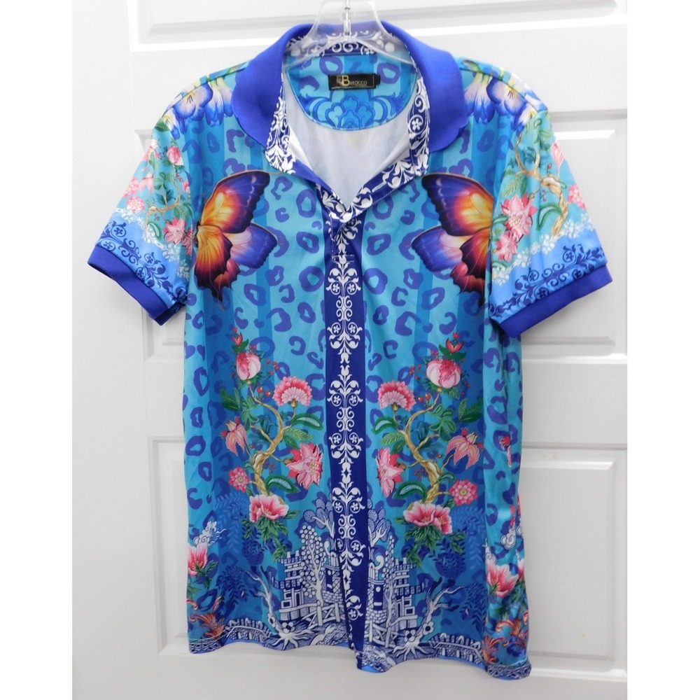 BAROCCO LOS ANGELES‎ Blue Multi Floral Butterfly Polo Shirt sz M